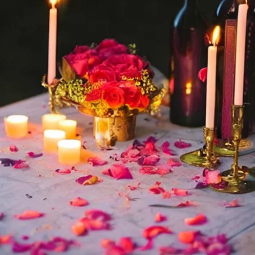 Image similar to beautiful romantic luxury table with wine bottle and candles covered in rose petals