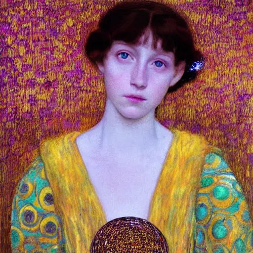 Prompt: a portrait of a beautiful young girl made of glass with silvery eyes, film still by wes anderson, by klimt, strong lights, 19th century painting