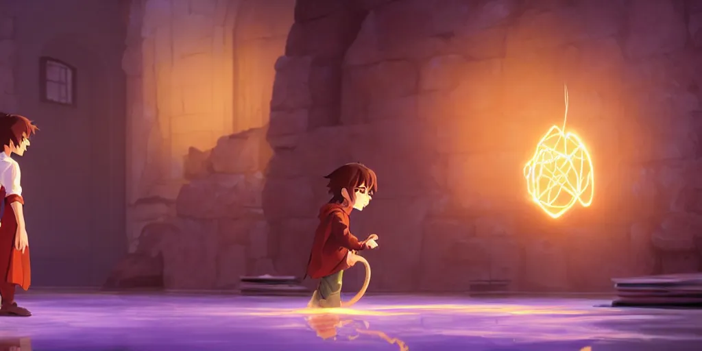 Prompt: a young boy mage with a brown cloak is standing at his desk working on a new spell, colorful, flowing energy, light rays, anime boy, boy, medium shot, waist up, pixar and disney animation, sharp, rendered in unreal engine 5, by greg rutkowski and makoto shinkai, bloom, dramatic lighting, cinematic