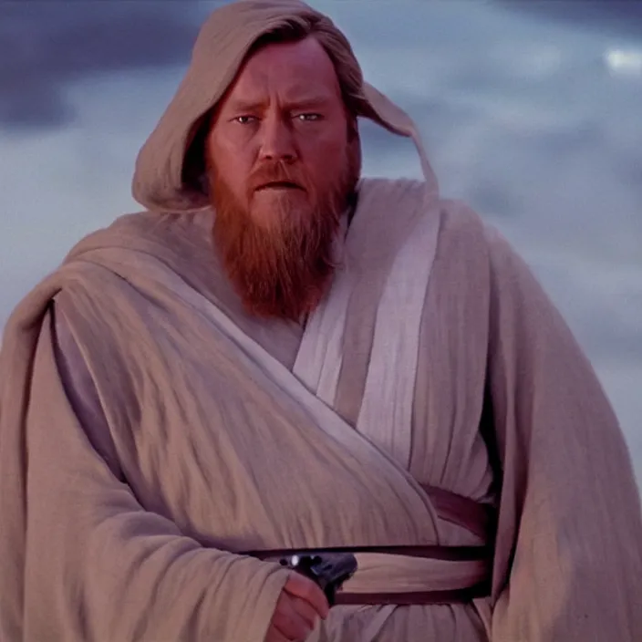 Image similar to obi wan kenobi but obese!!, photoralistic rendering, movie still, screenshot, hyperdetailed