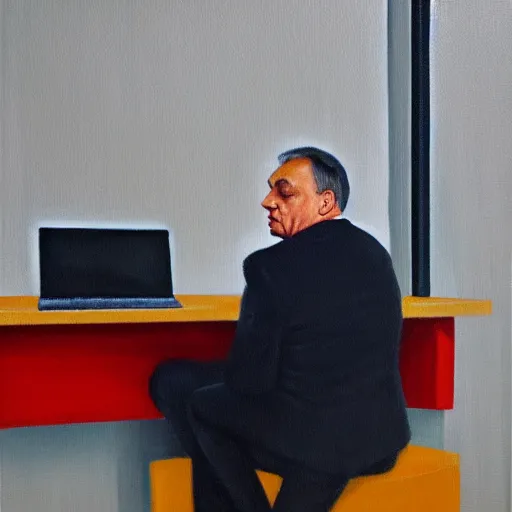 Prompt: viktor orban programming in a cubicle, oil painting