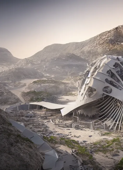 Image similar to bioremediation white mining tailing futuristic architecture in chuquicamata, epic, cinematic, hyperealistic, high detailed, corona render, hdr, ray tracing