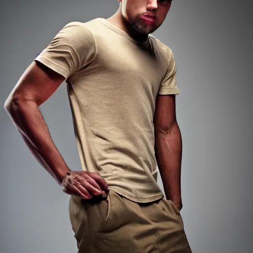 Image similar to Athletic Young man wearing a beige t-shirt and military backpack, Professional photography, Photorealism - W 768