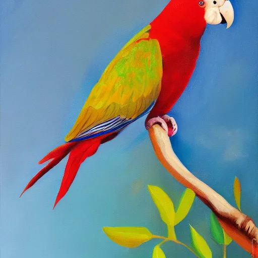 Prompt: a red parrot sitting on a branch, painting, sky background