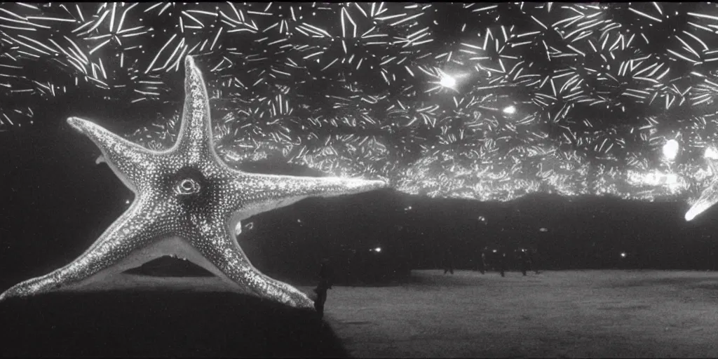 Image similar to light coming out of one starfish - like kaiju anthropomorphic monster, korean film noir by kim jong - il, korean traditional palace, pyongyang city, 1 9 6 0 s, red color bleed, 4 k, video compression, video glitch, monochrome, akira kurosawa, mamoru oshii, wes anderson, stanley kubrick