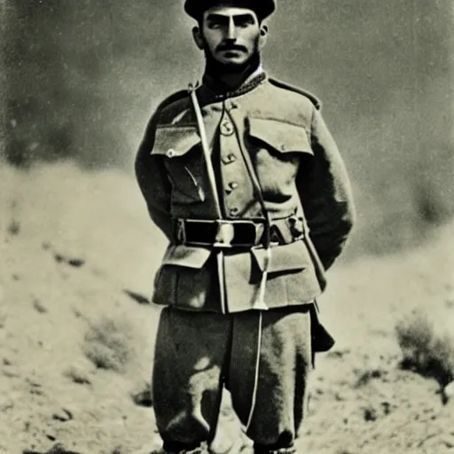 Prompt: Kurdish soldier wearing Kurdish clothes, ww1 trench, war photo, award winning photo