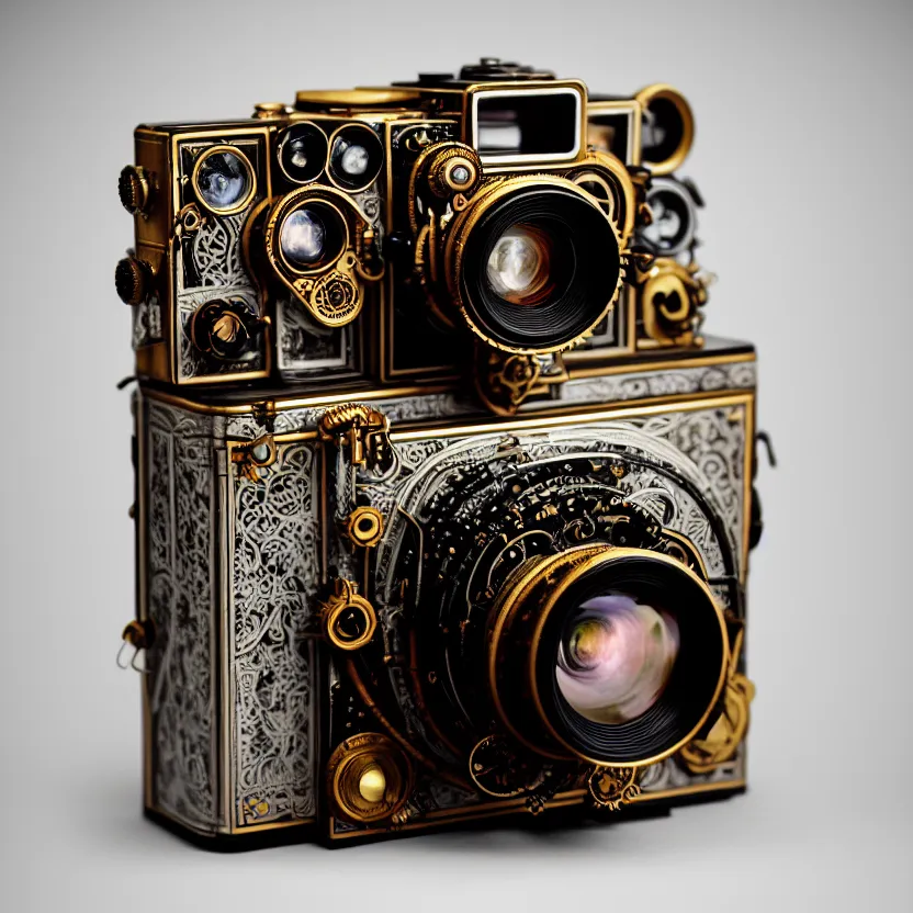 Prompt: photograph of a very beautiful steampunk medium format camera!. 1 9 8 0 look. plain grey background. centered. highly detailed. artstation, concept art, symmetry, smooth, sharp focus, art by john singer sargent and and mucha by theodore ralli and nasreddine dinet and anders zorn and nikolay makovsky and edwin long