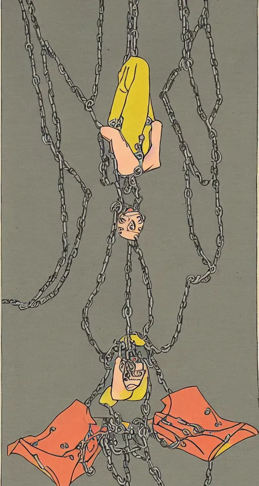 Prompt: a robot hanging by his feet in chains upside down peacefully, beautiful coloured Japanese ink painting inspired by the hanged man tarot card, soft lines, psychedelic