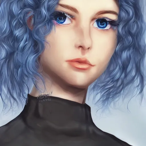 Prompt: pale girl with striking blue eyes and curly black hair in a bob hairstyle, digital art, trending on artstation