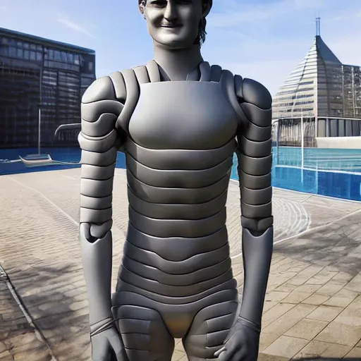 Prompt: a realistic detailed photo of a guy who is an attractive humanoid who is half robot and half humanoid, who is a male android, soccer player matthijs de ligt, shiny skin, posing like a statue, blank stare, by the pool, on display