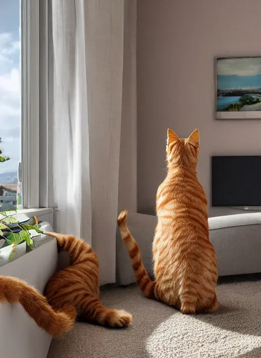 Image similar to MODERN Provence interior with Ginger Cat , Realism, Photograph, living room, inside a house, photorealism, ultra detailed, natural light, photograph, wide angle