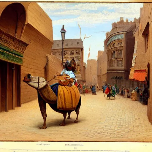 Prompt: London, A painting of a mouse Riding a camel through a narrow street in london, (1885)