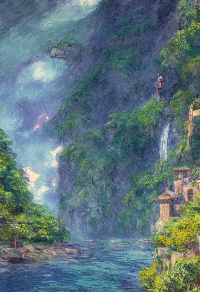 Image similar to tiny king in front of a japanese city in the mountain surrounded by waterfall. cyberpunk, boats flying. beautiful blue sky. gorgeous epic nature, lofi, vivid colors, amazing light, by jeremy lipkin, by claude monet, heavily inspired by makoto shinkai, inspired by ghibli, masterpiece, multiple brush strokes, impressionist style