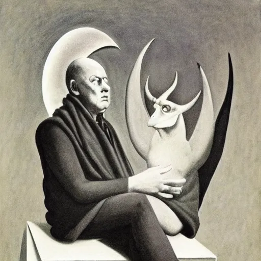 Prompt: Aleister Crowley with baphomet, by Raphael Hopper, and Rene Magritte. Highly detailed, Occult funny, humorous, funny, enchanting, magical, trending on artstationHQ