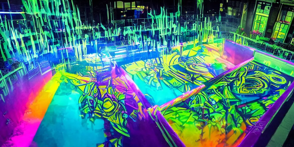 Image similar to backflip into a pool caustics lighting impressive colorful masterpiece graffiti