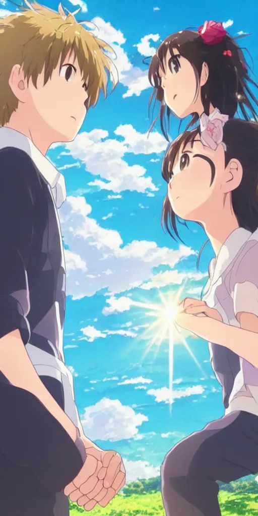 Image similar to a man and a woman holding hands under a beautiful sun drawn like the anime Your Name anime,