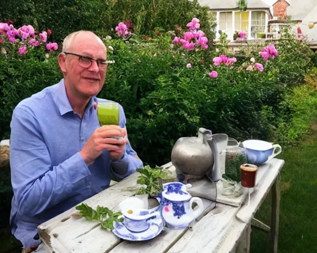Image similar to mr robert is drinking fresh tea in a garden
