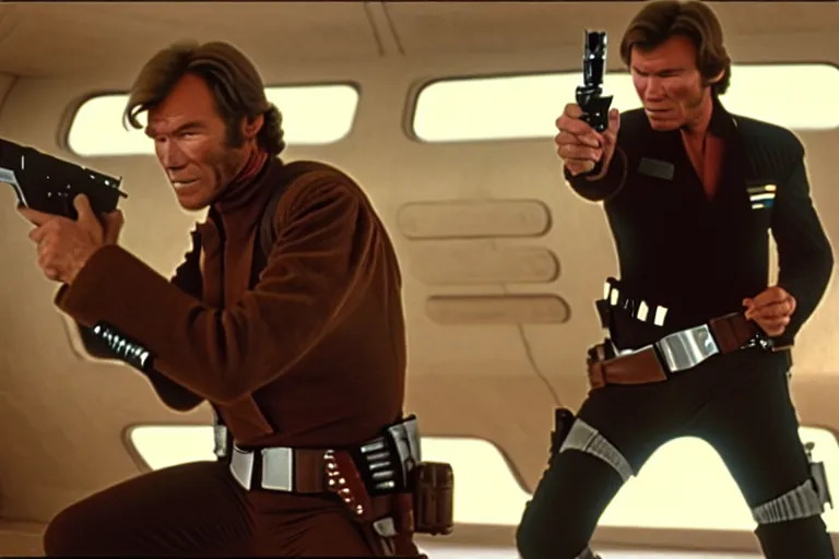 Prompt: film still of clint eastwood man with no name as han solo aiming a colt gun in new star wars, inside a tavern, 4 k