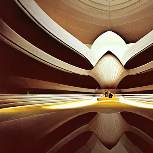 Image similar to interior of a futuristic lotus temple with gold, red and white marble panels, in the desert, by buckminster fuller and syd mead, intricate contemporary architecture, photo journalism, photography, cinematic, national geographic photoshoot