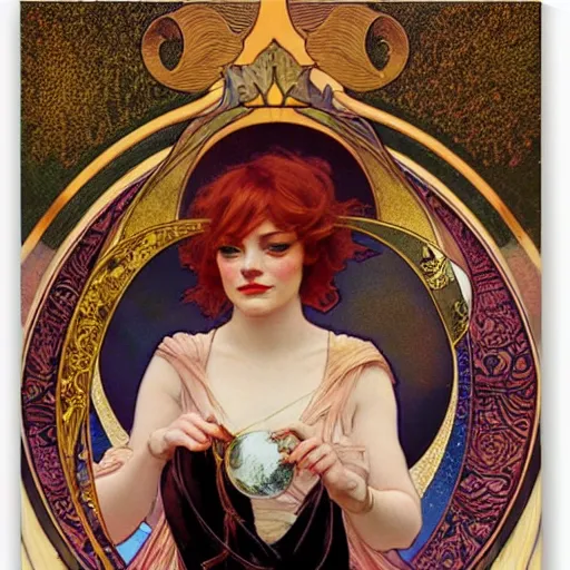 Image similar to emma stone portrait by louis - theophile hingre and alphonse mucha, realistic, sharp focus, zodiac signs, tarot cards, planets, ethereal, art nouveau, magic, moon, sun, crown, dreamy, royal, jewellery
