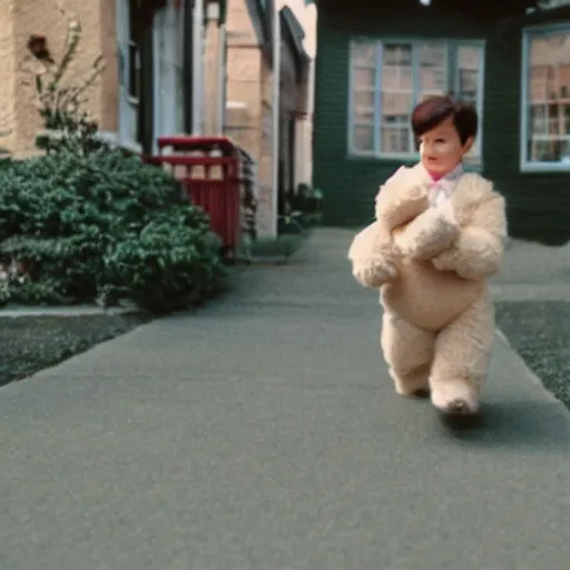 Prompt: taking a stuffed dog for a walk realistic 3 5 mm cinematic