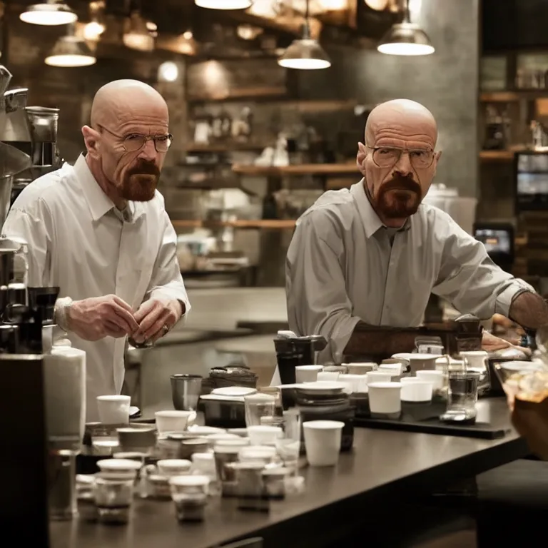 Prompt: Walter white in Starbucks, 8k, hyper-detailed, cinematic lighting, hyperrealistic, HD