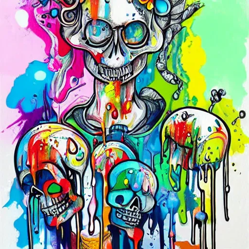 Image similar to drippy, dripping paint, skull, trippy, happy, miyazaki style, exaggerated accents