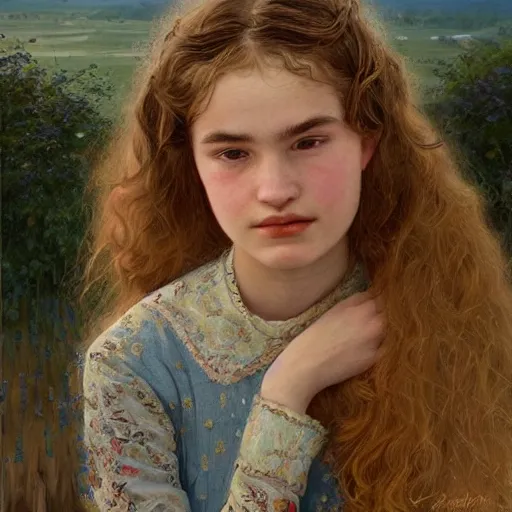 Prompt: 1 4 - year old lily james, art by james c. christensen