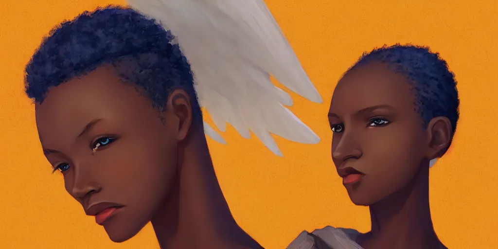 Prompt: portrait of african angel, cloud background, uplight, symmetrical!!, anime, prism highlights, depth of field, cinematic, filmic, vsco, concept art, artstation, digital painting, elegant, epic, focus