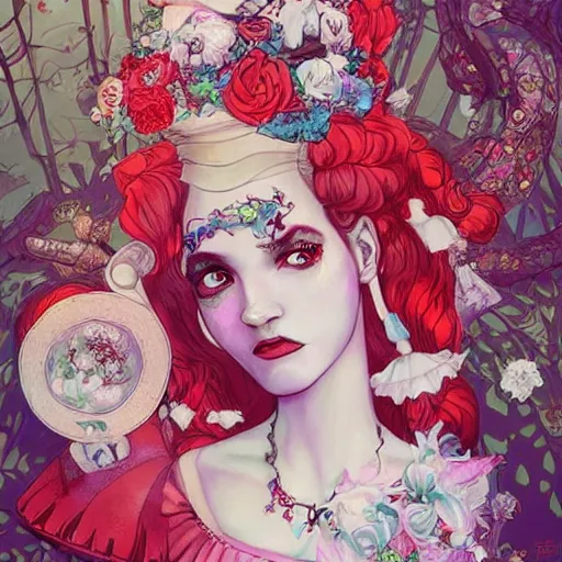 Prompt: Alice in Wonderland at the tea party, she looks like a mix of grimes, Aurora Aksnes and Zendaya, childlike, billowing elaborate hair and dress, strings of pearls, surrounded by red and white roses, digital illustration, inspired by a stylistic blend of Aeon Flux, Japanese shoujo manga, and Henry Darger, hyper detailed, dreamlike, incredibly ethereal, super photorealistic, iridescent, dichroic prism, speckled, marbling effect, tulle and lace, extremely fine inking lines