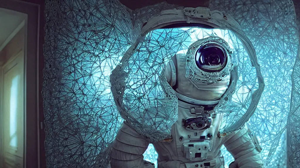 Image similar to a single astronaut eva suit covered in diamond 3d fractal lace iridescent bubble 3d skin and covered with insectoid compound eye camera lenses floats through the living room, film still from the movie directed by Denis Villeneuve with art direction by Salvador Dalí, wide lens,