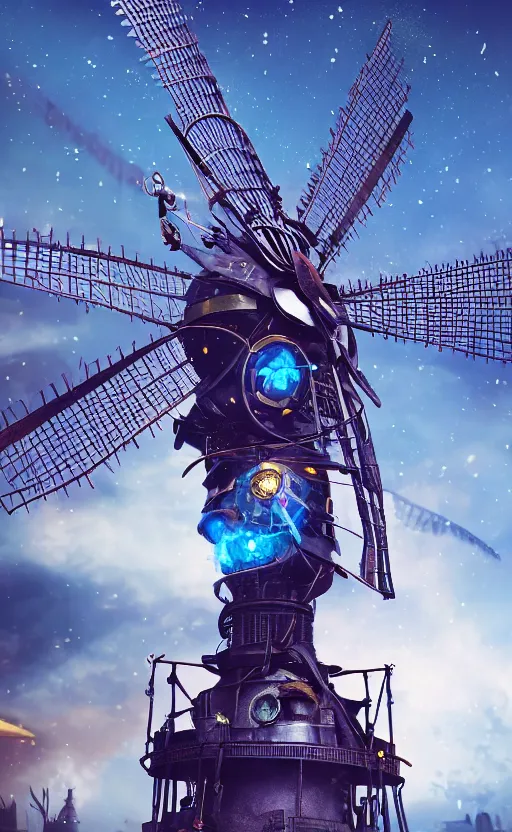 Prompt: a steampunk windmill, robot, blue fire, ash rain, electricity lightning, concept art, sharp focus, intricate details, highly detailed, disney pixar, octane render, iridescent, anime, 8 k, bokeh