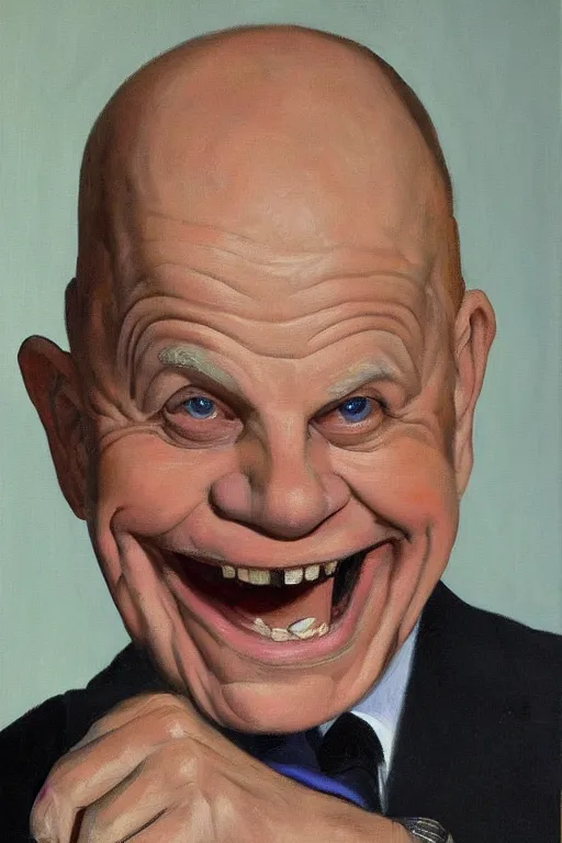 Image similar to portrait of laughing don rickles seated behind a table, oil painting by wilson mclean, sharp focus, masterpiece, highly detailed