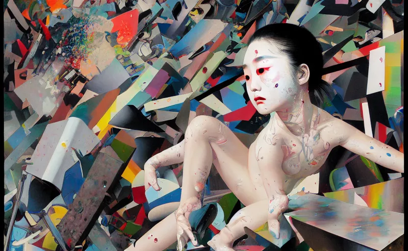 Image similar to decollage painting young japanese actress struggling in a ruined city by adrian ghenie and takato yamamoto and edward hopper and mark ryden and tsutomu nihei, part by bridget riley, acrylic pour and splashing paint, very coherent, baroque elements, perfect anatomy, intricate design. pop art.