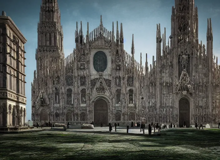 Image similar to duomo di milano post apocalyptic, vegetation, ultra realistic, insane details, cinematic, epic composition, unreal engine, octane render