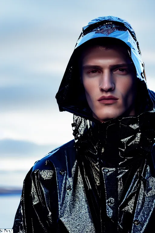 Image similar to an ultra high definition professional high fashion portrait studio full length photograph of a male model wearing a transparent pearlescent raincoat and neon visor in an icelandic black rock environment at dawn. no artefacts. extremely detailed. stark. refraction. shallow depth of field. volumetric light and shadow. ray tracing. light rays.