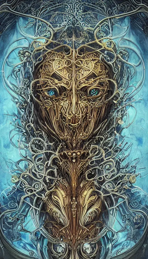 Image similar to ancient biomechanical hybrid majestic praying shaman fantasy cyber human beautiful symmetrical face mask closeup face mask tattoo pattern golden ratio concept, deep forest psytrance Neo-Gothic concept, infinity glyph swirling waves, intricate artwork masterpiece, very coherent artwork, cinematic, full frontal facial features by Artgerm, Takato Yamamoto, Zdizslaw Beksinski, Johnatan Wayshak, Moebius, H.R. Giger, Ayami Kojima, very coherent artwork, trending on cgsociety, ultra high quality model, production quality cinema model, high detail chromatic ink outline, octane render, unreal engine, 8k mandelbulber fractal, hyper realism, high detail, octane render, unreal engine, 8k, High contrast, highly detailed black ink outline