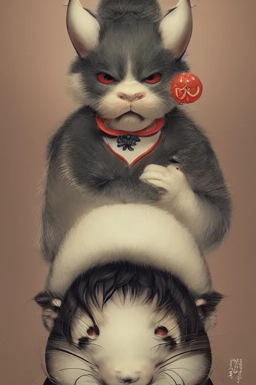 Image similar to a portrait of a fatty cute japanese devil animal illustrated by miyazaki by karol bak, james jean, tom bagshaw, rococo, sharp focus, trending on artstation, cinematic lighting, hyper realism, octane render, 8 k, hyper detailed, vivid, ultra detailed, highly detailed