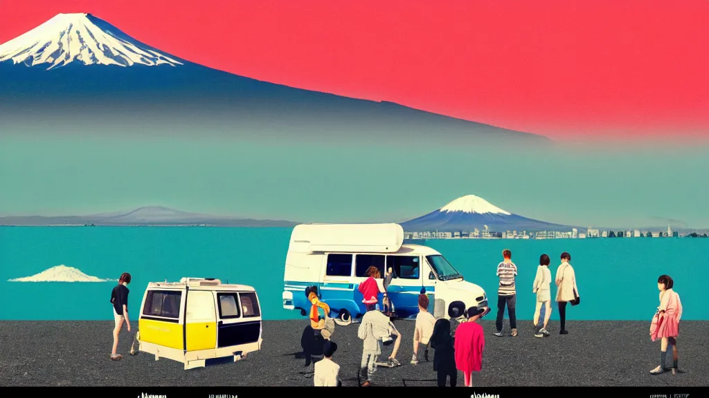 Image similar to a scene of camper travellers touring at yamanaka lake overlooking mount fuji, japan, a collage painting, in the style of wes anderson, lola dupre, david hockney, isolated on negative white space background dark monochrome neon spraypaint accents volumetric octane render