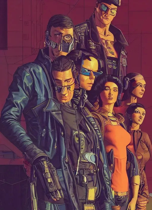 Image similar to cyberpunk heist crew. portrait by stonehouse and mœbius and will eisner and gil elvgren and pixar. character design. realistic proportions. dystopian. cyberpunk 2 0 7 7, apex, blade runner 2 0 4 9 concept art. cel shading. attractive face. thick lines.