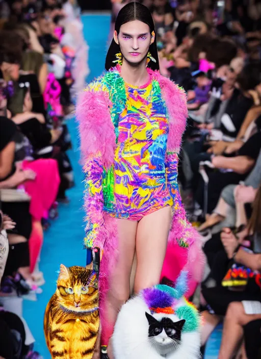 Image similar to hyperrealistic and heavy detailed balenciaga runway show of cats by lisa frank, leica sl 2 5 0 mm, vivid color, high quality, high textured, real life