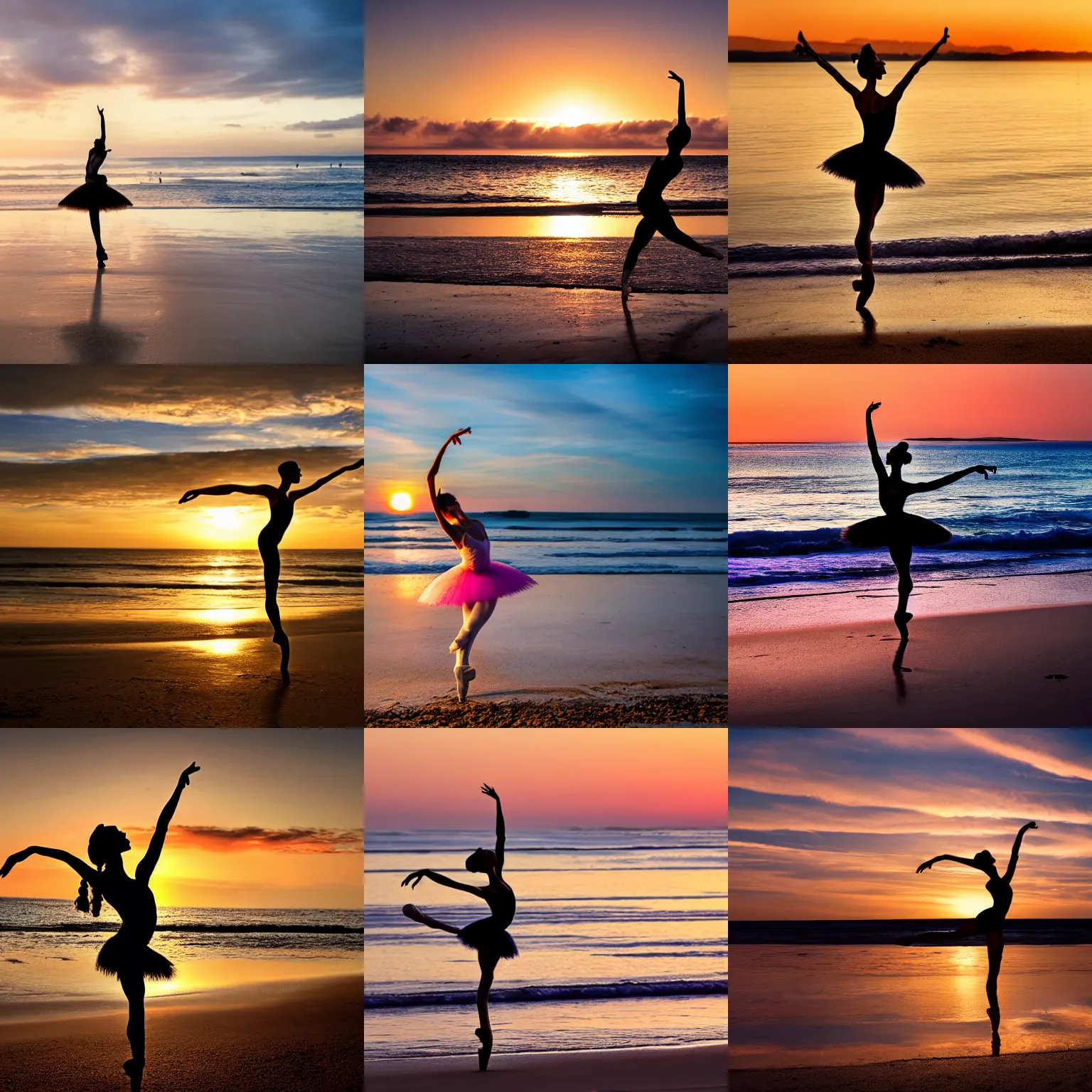 Prompt: a ballet dancer on the beach at sunrise