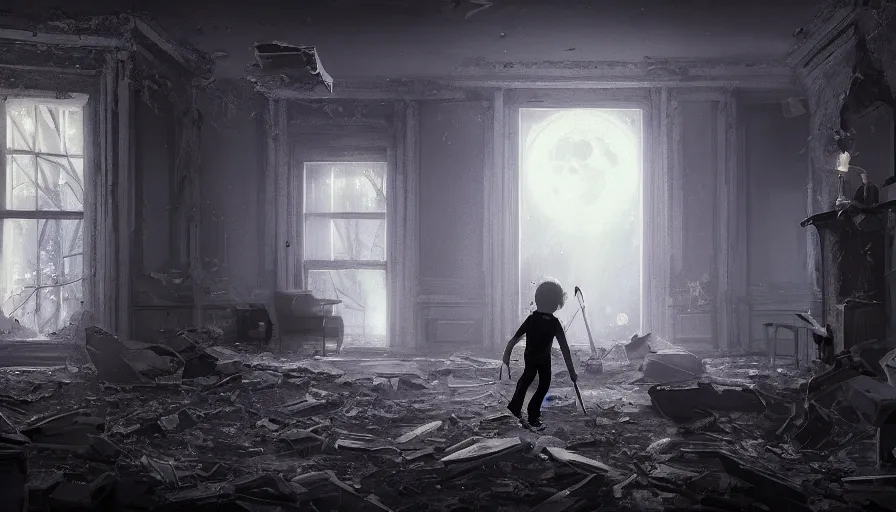 Prompt: father and son exploring destroyed white house with glow sticks, moonlight through windows, dark corridors, debris, covered by vegeration, hyperdetailed, artstation, cgsociety, 8 k