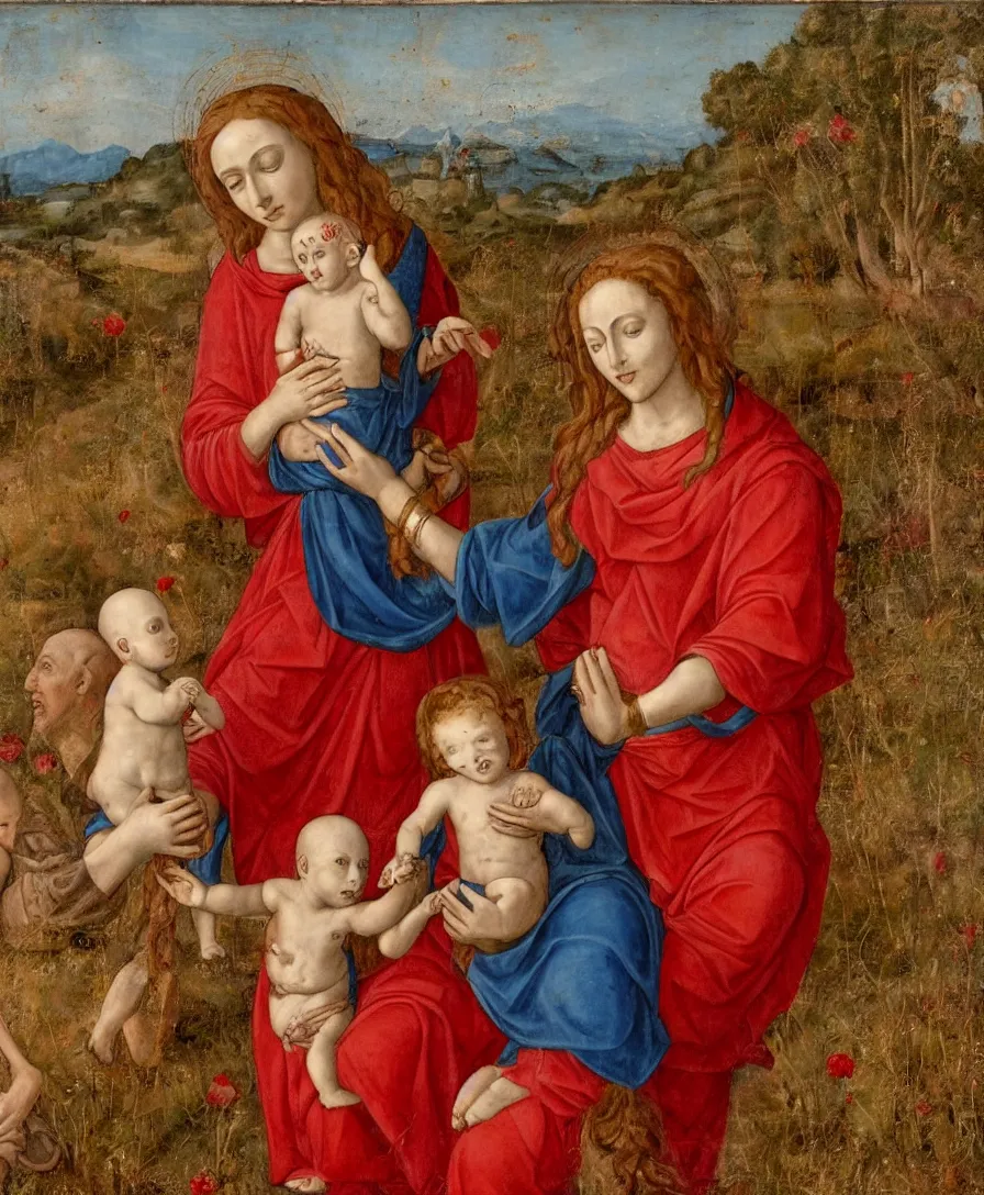 Prompt: Detailed Portrait of Madonna, curly red hair red shirt blue cloth, with infant Jesus, bald, holding a thin cross and fighting with another boy in front of Madonna in the style of Raffael. They are sitting in a dried out meadow near Florence, red poppy in the field. Empty Middleground. On the horizon, there is a blue lake with a town and blue mountains. Flat perspective.