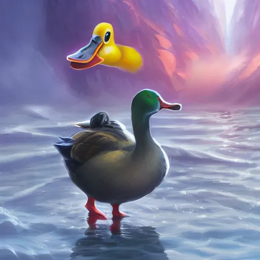 Image similar to duck drinks energy napiokmonstr energy, concept art, wlop, digital painting, trending on artstation, highly detailed, epic composition, official media, 8 k uhd