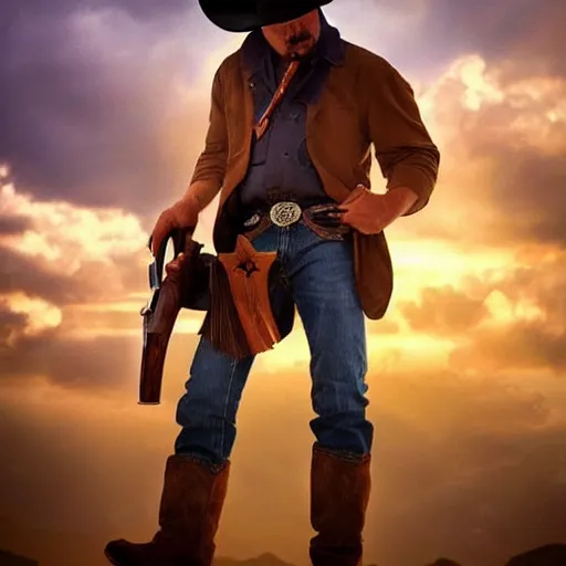 Image similar to a cowboy wearing a cowboy hat and shooting a revolver into the air. digital art. trending on artstation. amazing quality. great composition. perfect lighting. professional design. mind blowing detail. impressive colors. award winning art.