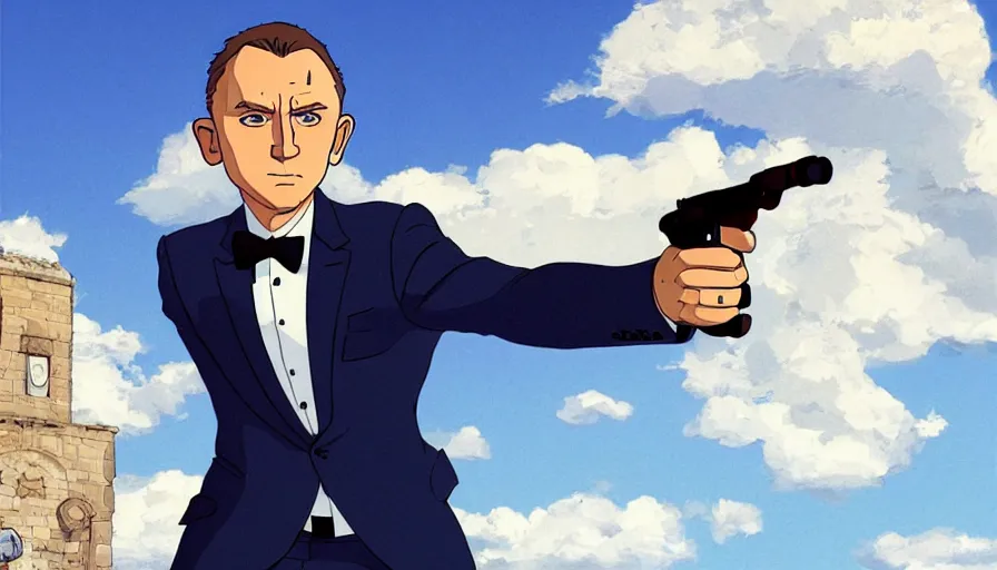 Image similar to a screenshot of daniel craig as james bond in ghibli style