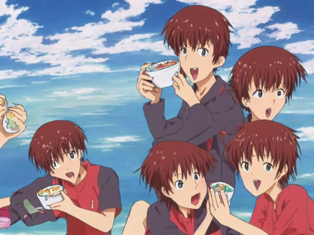 Image similar to two teenagers eating ice cream, on a beach, still from evangelion anime
