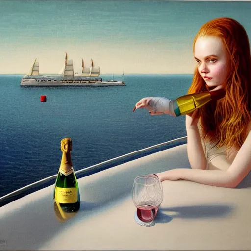 Image similar to Elle Fanning on a yacht next to a bottle of champagne, extremely detailed masterpiece, illustration, by Michael Sowa,