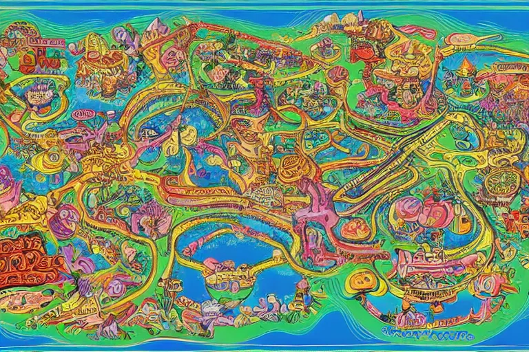 Prompt: Map of a psychedelic realm in the style of a theme park map:: highly detailed, digital display, aged paper, full color